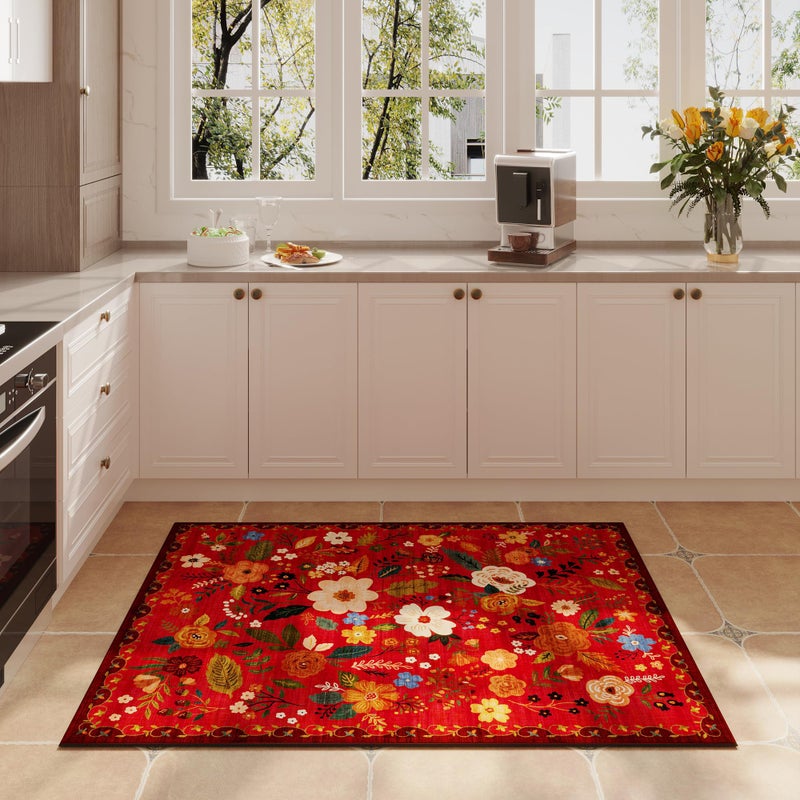 Rugcomf Door Mat Indoor Entrance 2x3 Rug Machine Washable Boho Floral Small Area Rug Non-Slip Low Pile Throw Rugs for Entryway, Kitchen, Front Door Indoor Entrance, Entry, Kids Room (Red) - Image 5