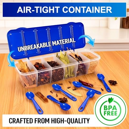 Eightiz Multipurpose Plastic 6 in 1 Masala Box for Kitchen, Transparent Pickel Box, 6 Compartment Storage Container Airtight for Cereal, Dry Fruits Dabba1800 Ml with 6 Spoons(Blue) - Image 2