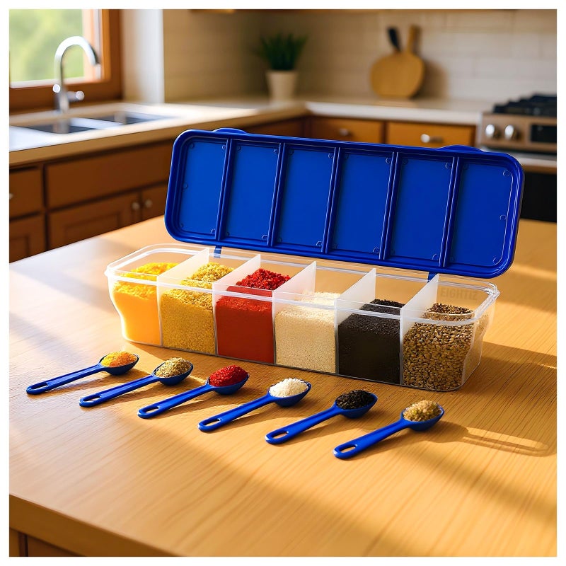 Eightiz Multipurpose Plastic 6 in 1 Masala Box for Kitchen, Transparent Pickel Box, 6 Compartment Storage Container Airtight for Cereal, Dry Fruits Dabba1800 Ml with 6 Spoons(Blue) - Image 5