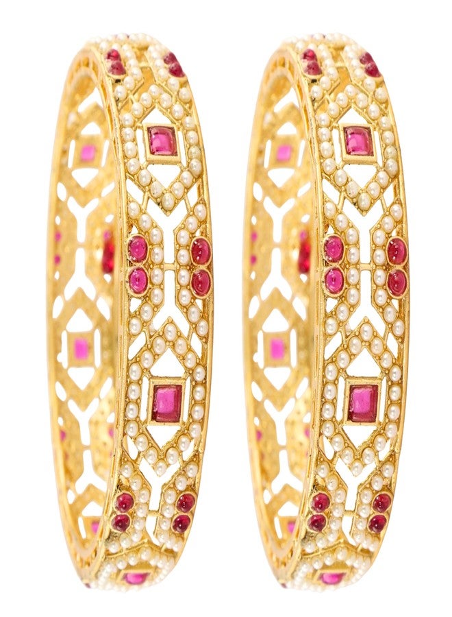 STYOLLO Gold Plated Pearl Ruby Kada Bangle For Women & Girls | Karva Chauth Bangles For Women - Set Of 2 (SYL_ST18_38930-PearlsRubyKada-Multi-2.2) - Image 2
