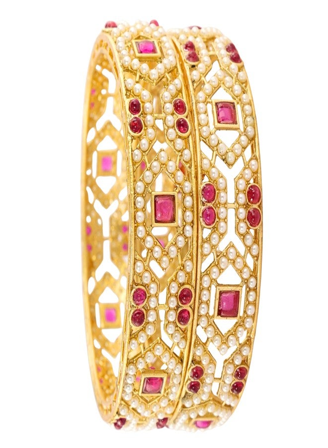 STYOLLO Gold Plated Pearl Ruby Kada Bangle For Women & Girls | Karva Chauth Bangles For Women - Set Of 2 (SYL_ST18_38930-PearlsRubyKada-Multi-2.2) - Image 1