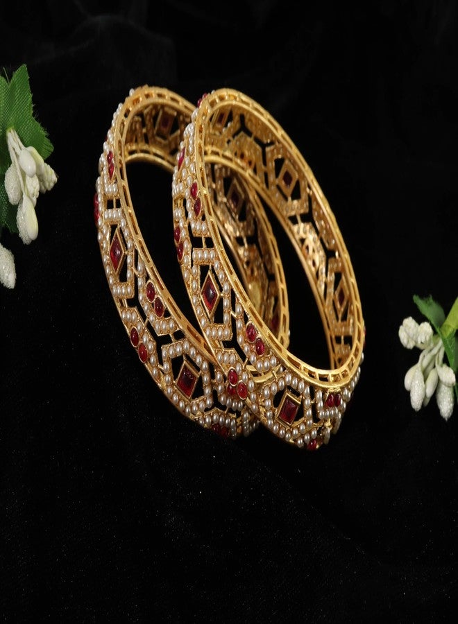 STYOLLO Gold Plated Pearl Ruby Kada Bangle For Women & Girls | Karva Chauth Bangles For Women - Set Of 2 (SYL_ST18_38930-PearlsRubyKada-Multi-2.2) - Image 5