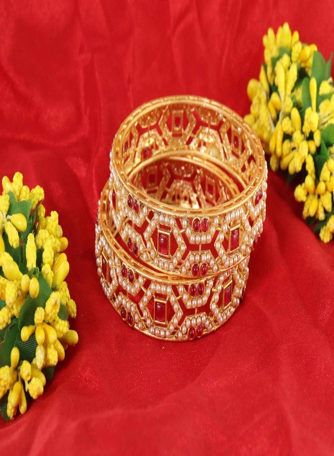STYOLLO Gold Plated Pearl Ruby Kada Bangle For Women & Girls | Karva Chauth Bangles For Women - Set Of 2 (SYL_ST18_38930-PearlsRubyKada-Multi-2.2) - Image 4