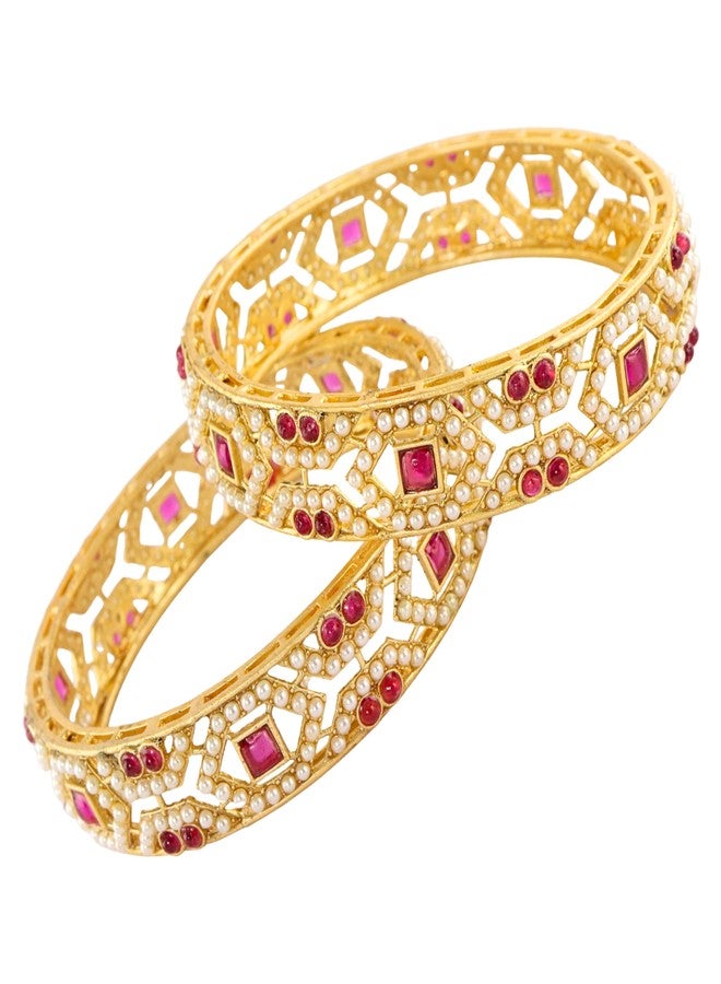 STYOLLO Gold Plated Pearl Ruby Kada Bangle For Women & Girls | Karva Chauth Bangles For Women - Set Of 2 (SYL_ST18_38930-PearlsRubyKada-Multi-2.2) - Image 3