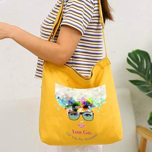 Lify Women's Retro Large Size Canvas Shoulder Bag Hobo Crossbody Handbag Casual Tote - 1 Piece (Yellow-Ptrinted-You Go Girl) - Image 3