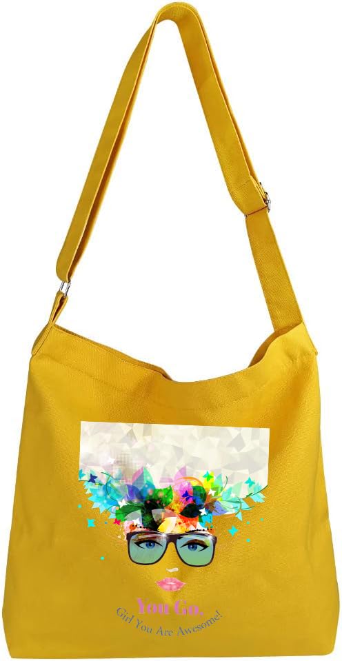 Lify Women's Retro Large Size Canvas Shoulder Bag Hobo Crossbody Handbag Casual Tote - 1 Piece (Yellow-Ptrinted-You Go Girl) - Image 1