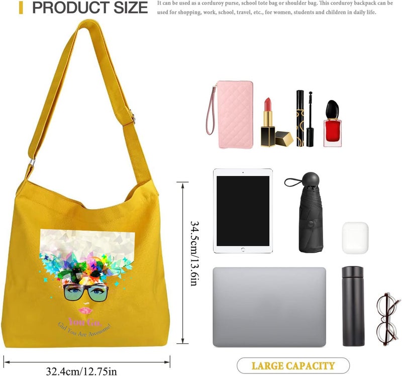 Lify Women's Retro Large Size Canvas Shoulder Bag Hobo Crossbody Handbag Casual Tote - 1 Piece (Yellow-Ptrinted-You Go Girl) - Image 2