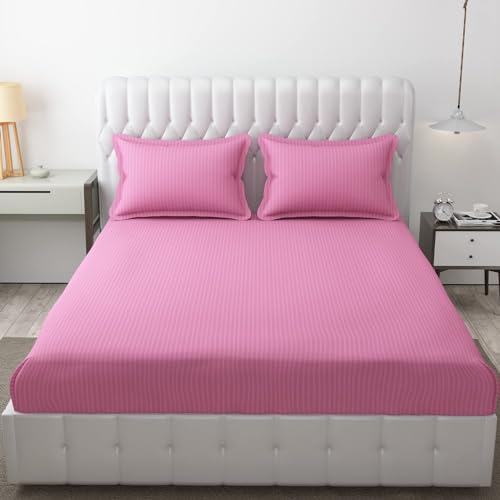FRESH FROM LOOM Microfiber Wrinkle Resistant|Soft Skin Safe|Breathable Queen Size Flat Striped Bedsheets|Hotel & Home|Double Bedsheet Set With 2 Pillow Covers 144 TC (95X90 Inches Pink) - Image 1