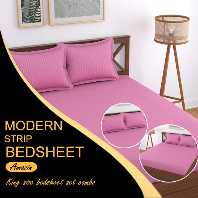 FRESH FROM LOOM Microfiber Wrinkle Resistant|Soft Skin Safe|Breathable Queen Size Flat Striped Bedsheets|Hotel & Home|Double Bedsheet Set With 2 Pillow Covers 144 TC (95X90 Inches Pink) - Image 2