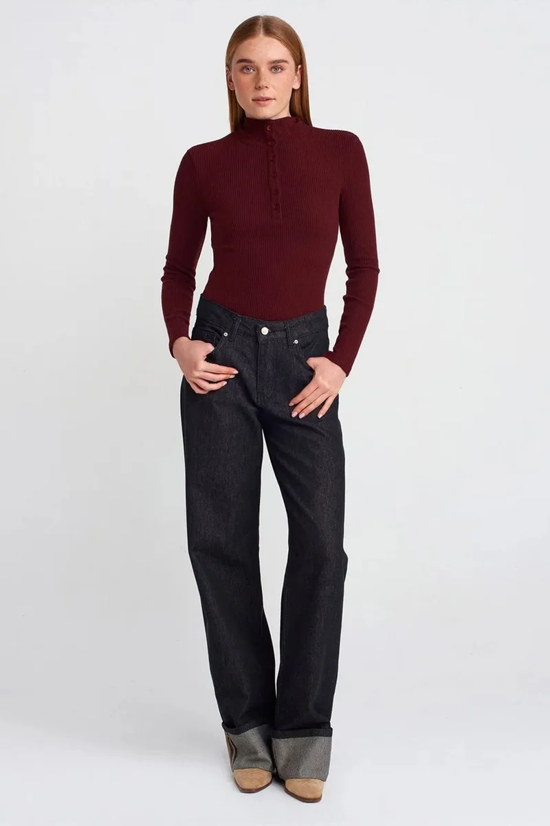 Dilvin Burgundy Red DILVIN Slim Fit Ribbed Turtleneck Blouse for Women | Best Price UAE