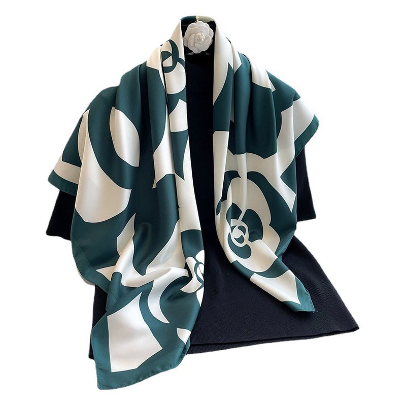 Color Block Flower Silk Scarf Korean Style Printed Scarf Twill Silk Large Square Scarf 90X90Cm Shawl Sun Protection Travel Scarf - Image 2