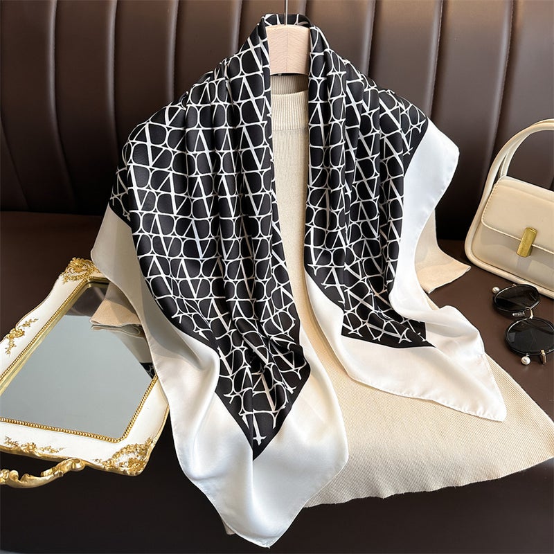 Color Block Flower Silk Scarf Korean Style Printed Scarf Twill Silk Large Square Scarf 90X90Cm Shawl Sun Protection Travel Scarf - Image 1