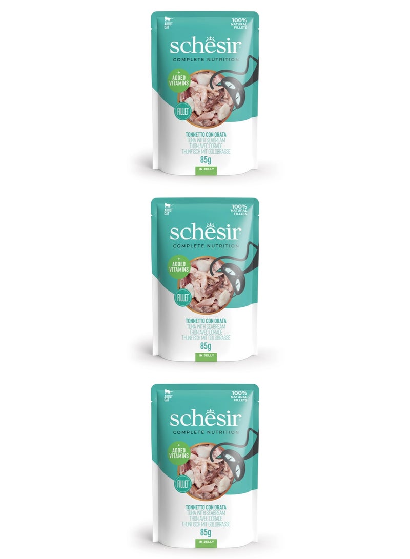 شيسر طعام القطط الرطب شيسير المتكامل والمتوازن في كيس جيلي - تونة مع سمك السيبريم 85 جم × 3 قطع - Image 1