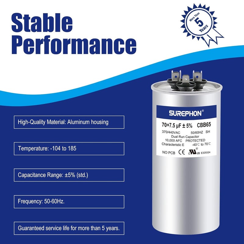 SUREPHON 70+7.5 uF 70/7.55 MFD ±5% 370V/440VAC Dual Run Start Capacitor CBB65 Works for AC Unit Fan Motor Start or Heat Pump or Condenser Straight Cool - Image 3