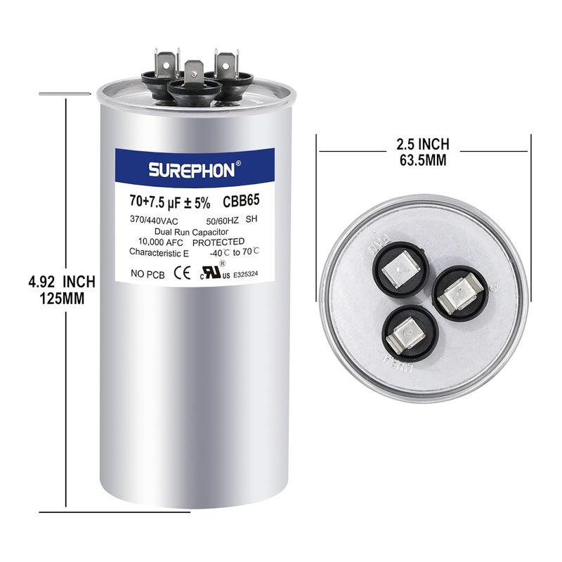 SUREPHON 70+7.5 uF 70/7.55 MFD ±5% 370V/440VAC Dual Run Start Capacitor CBB65 Works for AC Unit Fan Motor Start or Heat Pump or Condenser Straight Cool - Image 2