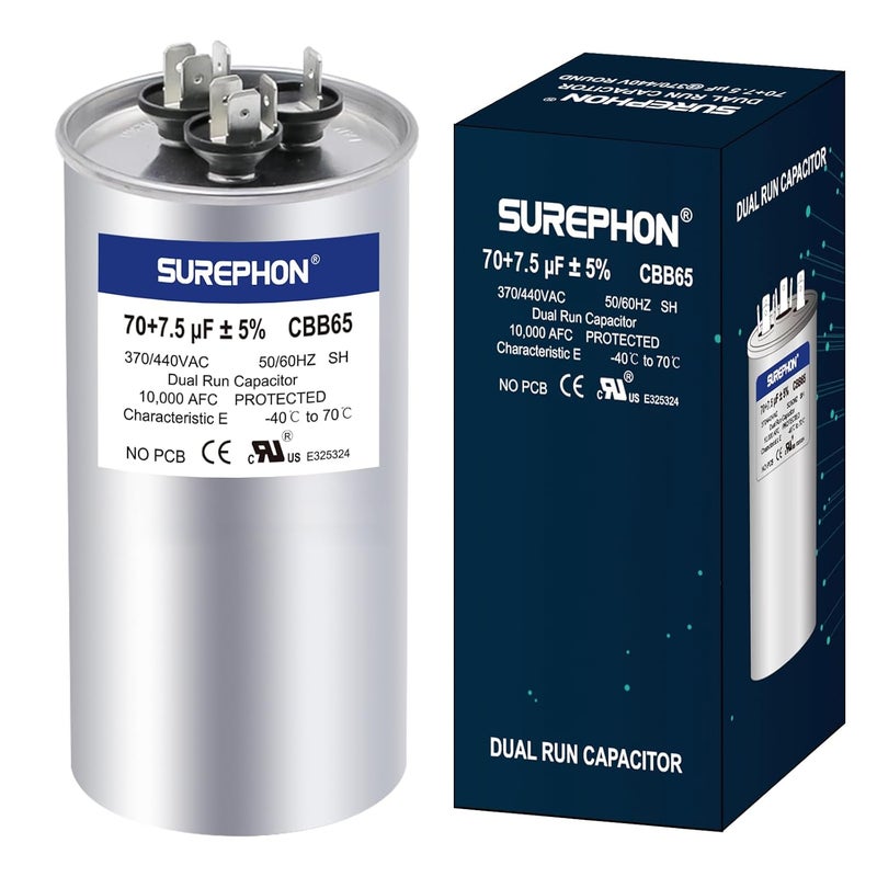 SUREPHON 70+7.5 uF 70/7.55 MFD ±5% 370V/440VAC Dual Run Start Capacitor CBB65 Works for AC Unit Fan Motor Start or Heat Pump or Condenser Straight Cool - Image 1