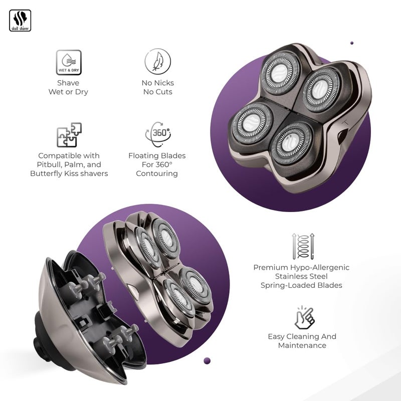 Skull Shaver شفرة استبدال 4 رؤوس Skull Shaver Forte PRO لPitbull وButterfly kiss pro وPalm Shavers - أفضل ماكينة حلاقة كهربائية وشفرة حلاقة للرأس، حلاقة ناعمة مع تهيج أقل - Image 2