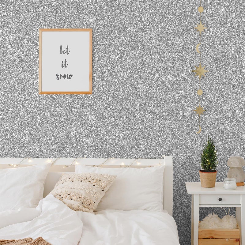 CHIHUT Sparkle Silver Glitter Wallpaper Peel and Stick Silver Glitter Contact Paper for Cabinets Walls Self Adhesive Removable Fabric Wallpaper Decorative Wall Paper for DIY Drawers 15.7''x100'' - Image 2
