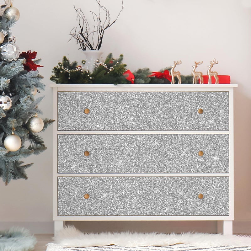 CHIHUT Sparkle Silver Glitter Wallpaper Peel and Stick Silver Glitter Contact Paper for Cabinets Walls Self Adhesive Removable Fabric Wallpaper Decorative Wall Paper for DIY Drawers 15.7''x100'' - Image 3
