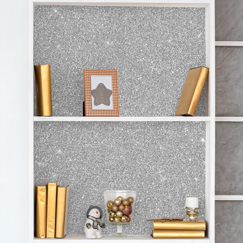 CHIHUT Sparkle Silver Glitter Wallpaper Peel and Stick Silver Glitter Contact Paper for Cabinets Walls Self Adhesive Removable Fabric Wallpaper Decorative Wall Paper for DIY Drawers 15.7''x100'' - Image 5