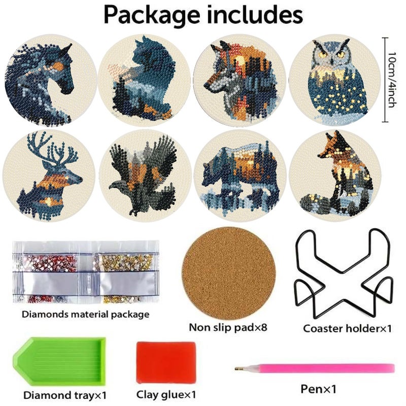 NEGEKFKX 8 Pcs Diamond Art Painting Coasters Kits,Animal Landscape Coaster with Holder for Adults, Non-Slip DIY Dot Paint Craft Kits,5D Full Drill DIY Diamond Dot Gem Art Kit Home Decor Arts Craft - Image 4