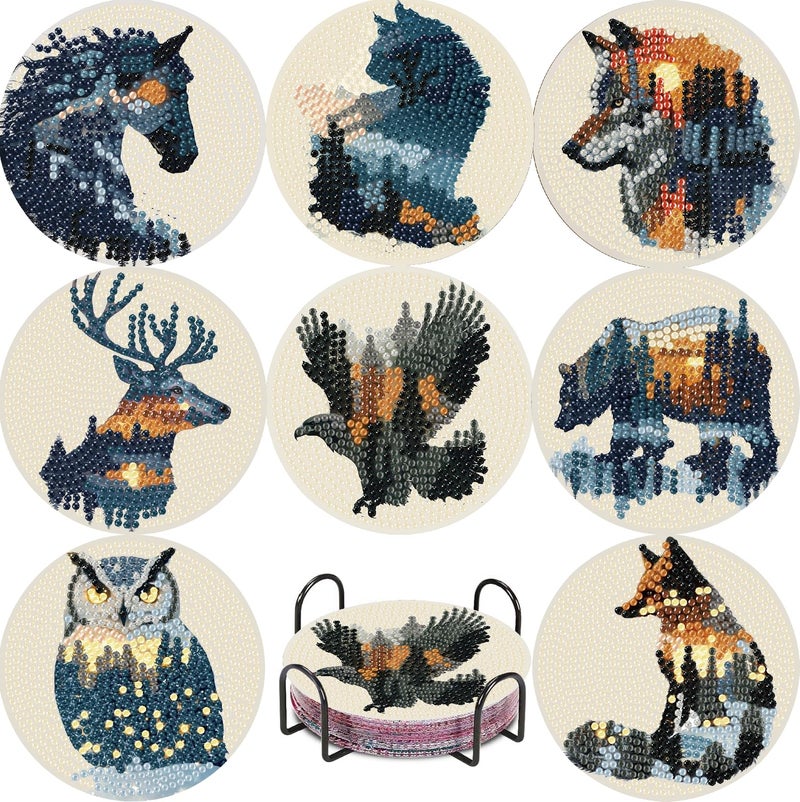 NEGEKFKX 8 Pcs Diamond Art Painting Coasters Kits,Animal Landscape Coaster with Holder for Adults, Non-Slip DIY Dot Paint Craft Kits,5D Full Drill DIY Diamond Dot Gem Art Kit Home Decor Arts Craft - Image 1