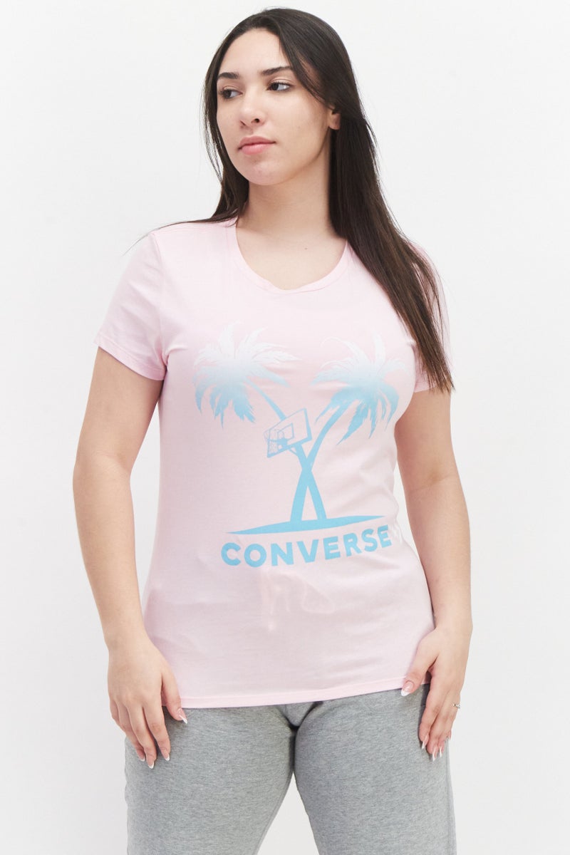 CONVERSE تي شيرت تدريب قصير الأكمام للنساء، وردي فاتح - Image 1