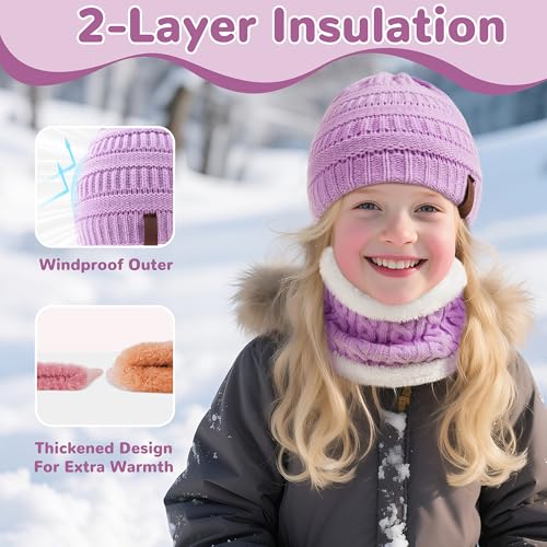 FENELY Girls Winter Hat Scarf Gloves Set for Cold Weather, Kids Beanie Hat Infinity Scarf Knitted Gloves Sets Beige Knit Thick Warm Fleece Lined Thermal Set for 6-10 Years Old Boy Baby Toddler Children - Image 3