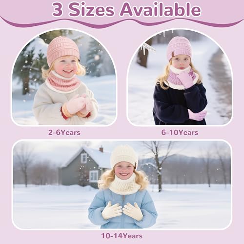 FENELY Girls Winter Hat Scarf Gloves Set for Cold Weather, Kids Beanie Hat Infinity Scarf Knitted Gloves Sets Beige Knit Thick Warm Fleece Lined Thermal Set for 6-10 Years Old Boy Baby Toddler Children - Image 2