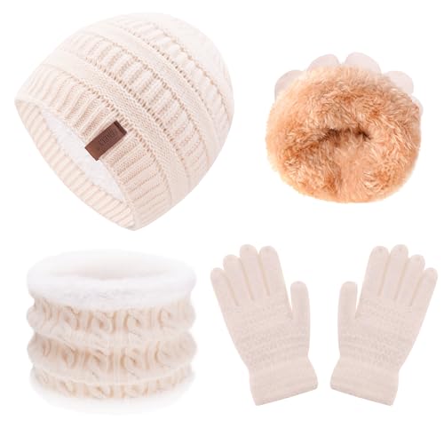 FENELY Girls Winter Hat Scarf Gloves Set for Cold Weather, Kids Beanie Hat Infinity Scarf Knitted Gloves Sets Beige Knit Thick Warm Fleece Lined Thermal Set for 6-10 Years Old Boy Baby Toddler Children - Image 1