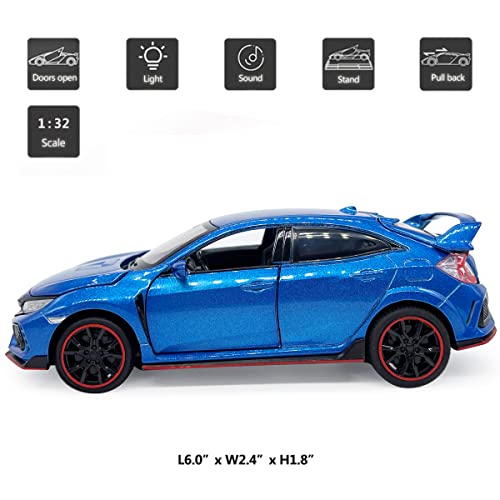 VIIGER 2017 Civic Type R Model Car Hatchback Sports Diecast Toy Cars 1/32 Scale Metal Pull Back Children's Die-cast Vehicles, Doors Open Light Sound, Boys Toys Kids Gifts Collection for Men, Blue - Image 2