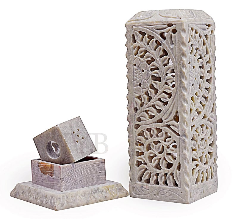 IYBHandcrafted Flower Carving Soapstone Marble Incense Agarbatti Stand Holder for Puja