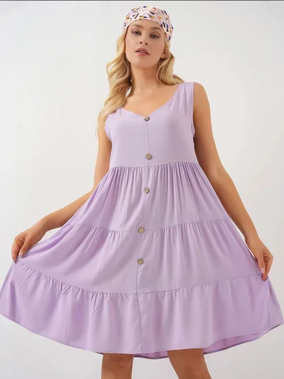 BIG DART BDART V-Neck Sleeveless Mini Dress with Button Detail