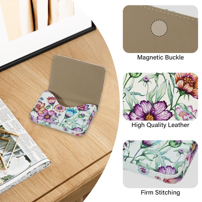AI-DEE Business Card Holderï¼ŒPU Leather Business Card Case Color Printing Pattern Card Holder Walletï¼ŒPockets Magnetic Credit Card Holders for Men and Women - Colorful Daisy - Image 2