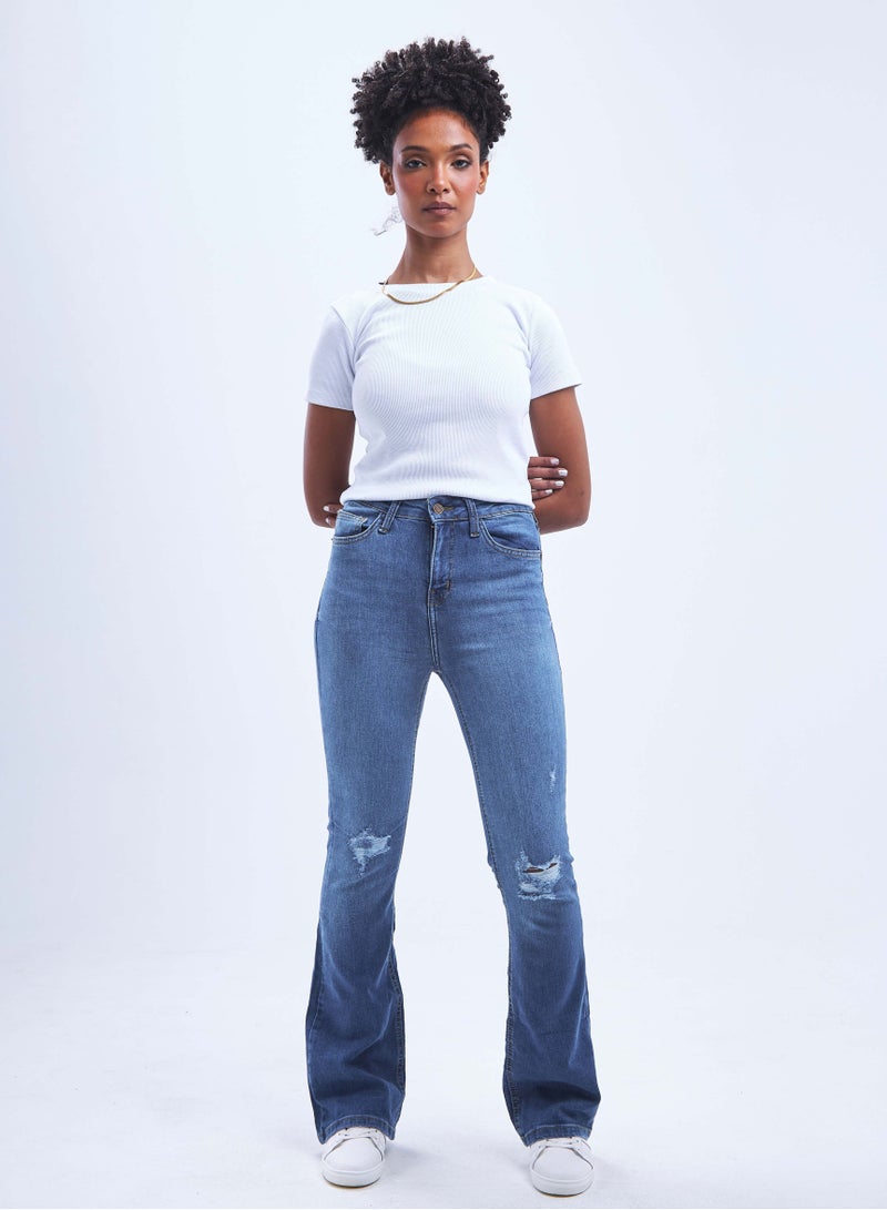 CIZARO High-Waist Medium Washed Distressed Flared Jeans. - Image 1