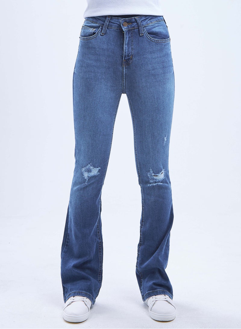 CIZARO High-Waist Medium Washed Distressed Flared Jeans. - Image 2