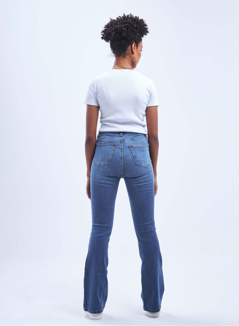 CIZARO High-Waist Medium Washed Distressed Flared Jeans. - Image 3