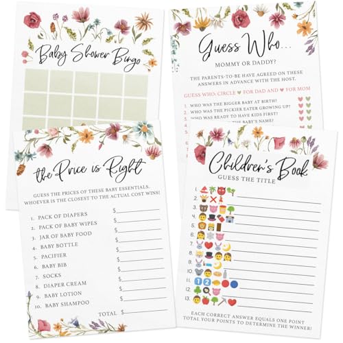 Printed Party Baby Shower Games for Girl – 4 Games and Activities for 30 Guests, Includes Bingo, Price is Right, Mommy or Daddy Trivia, and Storybook Title Guessing, Wildflower Baby in Bloom Design - Image 1