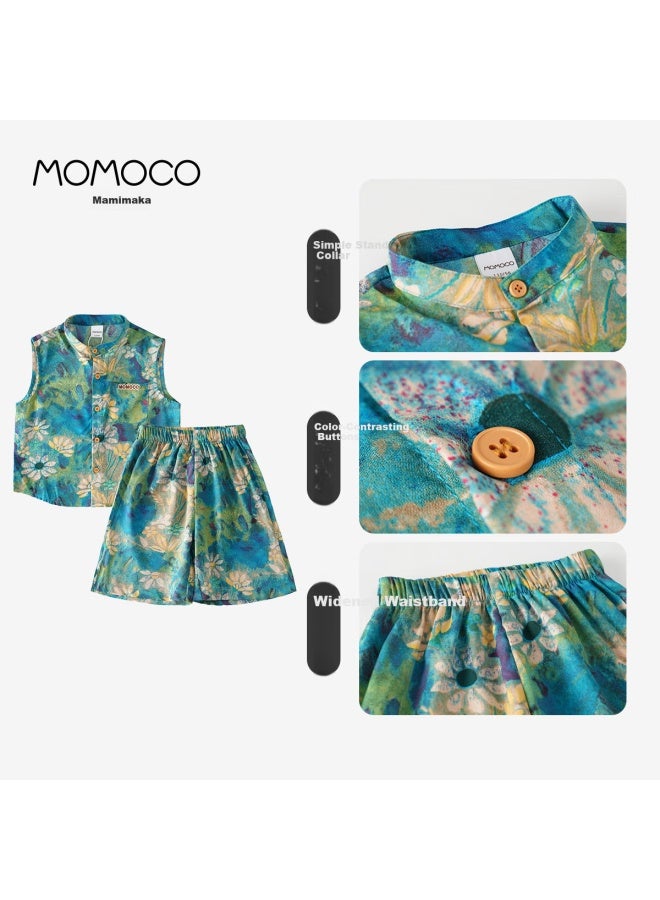 Mami Maka Momoco Boys' Summer Two-piece Set, Children's Fashionable Korean-style Casual Outfit, Camouflage Green, Size 150