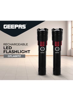 GEEPAS 2 Pcs Rechargeable LED Flash Light | 15W High Power LED| Aluminium Alloy Body Li-ion 3.7V 4000 mAh Battery 5 Hrs Working Time Type C charging| 600 Meters Beam Distance | GFL4667Z Black/Red  - Image 1