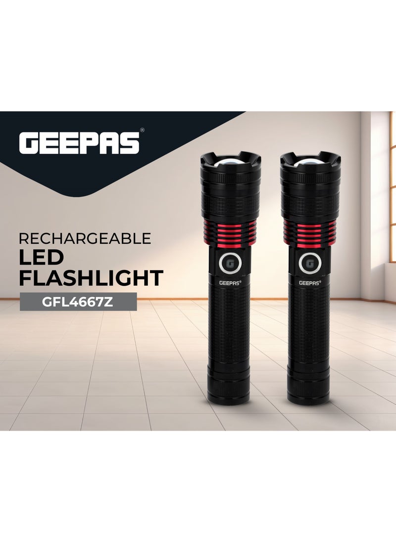 GEEPAS 2 Pcs Rechargeable LED Flash Light | 15W High Power LED| Aluminium Alloy Body Li-ion 3.7V 4000 mAh Battery 5 Hrs Working Time Type C charging| 600 Meters Beam Distance | GFL4667Z Black/Red  - Image 1