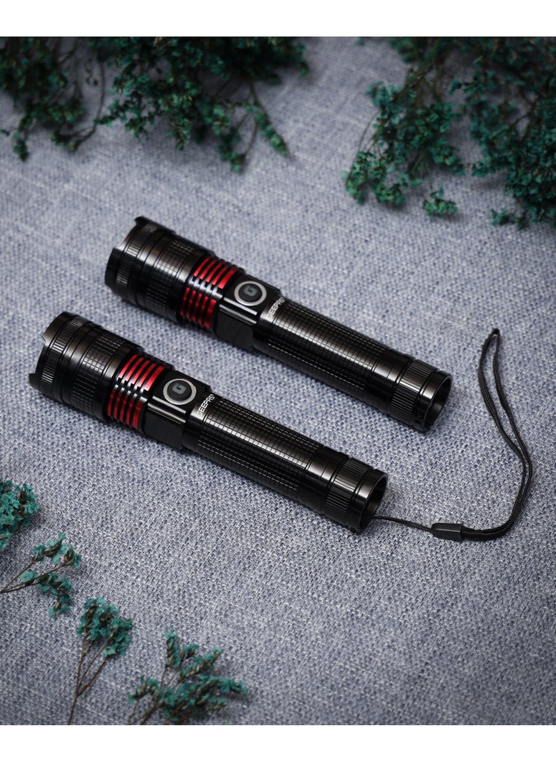 GEEPAS 2 Pcs Rechargeable LED Flash Light | 15W High Power LED| Aluminium Alloy Body Li-ion 3.7V 4000 mAh Battery 5 Hrs Working Time Type C charging| 600 Meters Beam Distance | GFL4667Z Black/Red  - Image 3