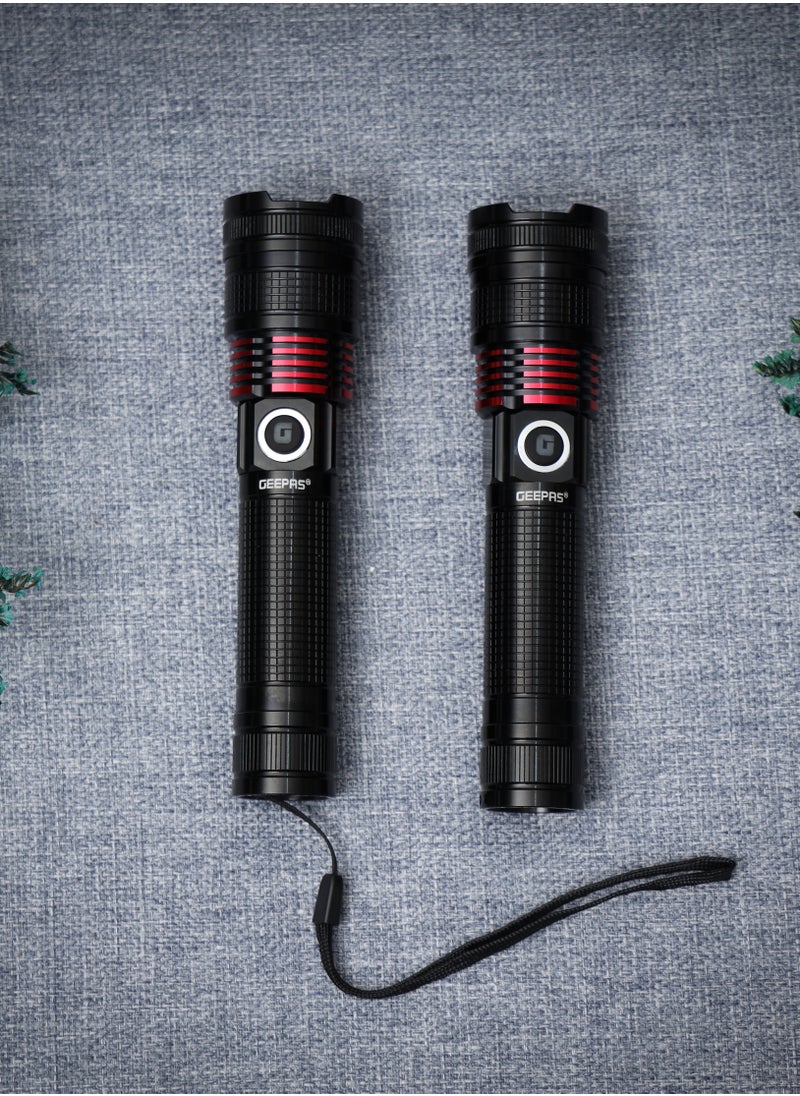 GEEPAS 2 Pcs Rechargeable LED Flash Light | 15W High Power LED| Aluminium Alloy Body Li-ion 3.7V 4000 mAh Battery 5 Hrs Working Time Type C charging| 600 Meters Beam Distance | GFL4667Z Black/Red  - Image 2