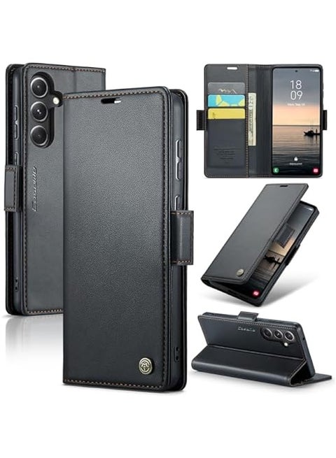 Samsung Galaxy S23 FE RFID Blocking Case with Card Holder - Durable Leather Flip Case, Kickstand, Magnetic Closure - Shockproof and Stylish (Black)