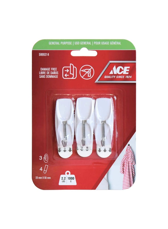 ACE 3-Piece Damage Free General Purpose Adhesive Hook with Strips White 2.3 x 5.5cm 5999314 - Image 1