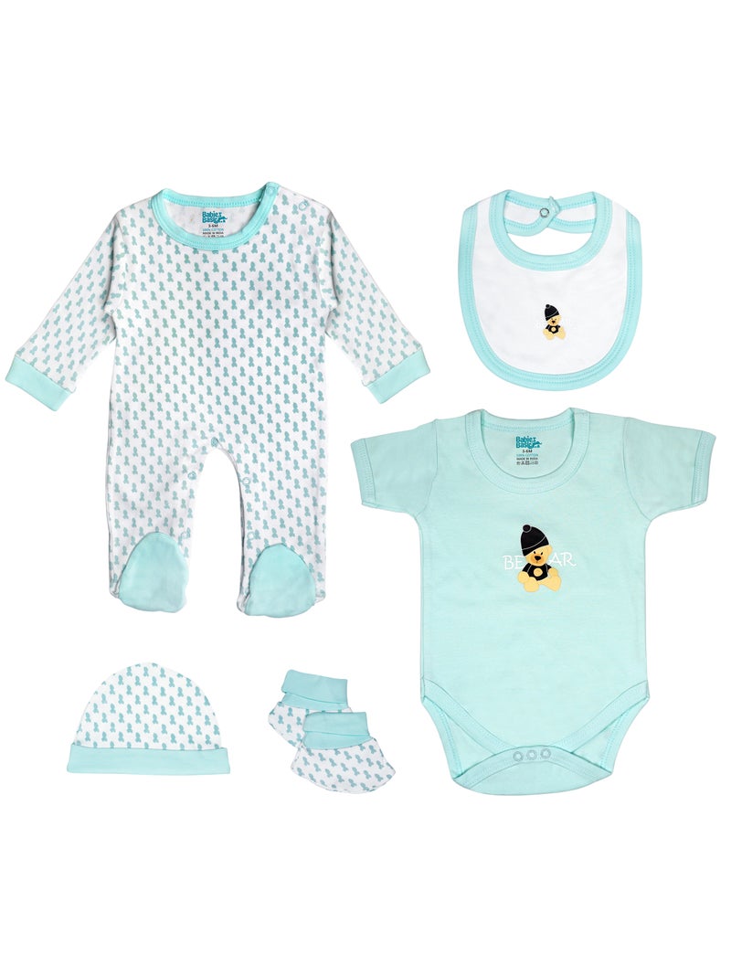 Babies Basic 5 piece Unisex 100% Cotton Sets include Bib, Romper, Mittens, Cap and Sleepsuit/Jumpsuit - Image 1