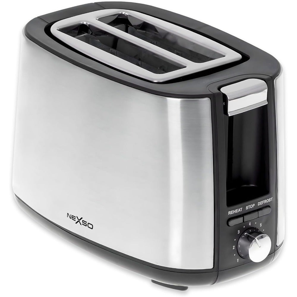 Home use toaster: stainless steel plastic, silver, 750W with 7-browning control, reheat/stop/defrost, auto pop-up, UK plug, compact