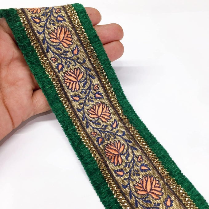 9 METER ORANGE & GREEN BORDER FLOWER DESIGN WEAVING WORK LACE WITH SEQUINS WORK, BANARASI SAREE LACE BORDER TRIM RIBBONS, BRIDAL LEHENGA SAREE DUPATTA SUIT ANARKALI INDIAN FASHION ACCESSORIES