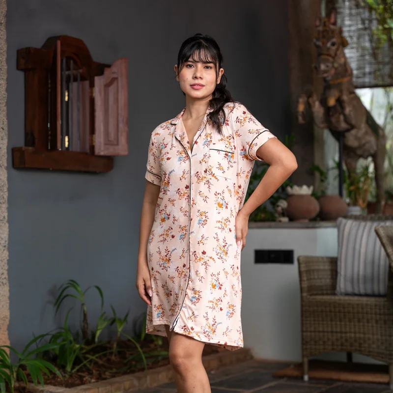 Aadaraya Aadaraya Short Sleepshirt Short Sleeves Floral Print