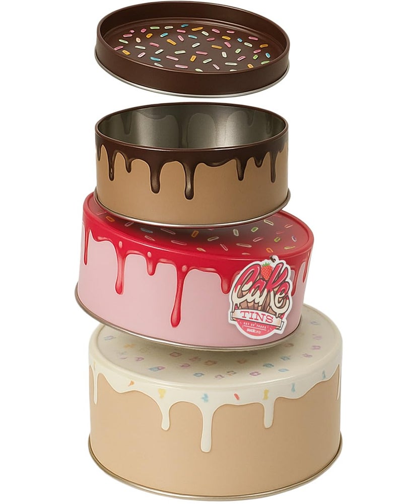 Suck UK  Cake Storage Tin  Set of 3  Biscuit Tins  Kitchen Set  Storage  Cake Container  Stacking Round Tins  Nesting Containers  Tin Box 3 Colours Included